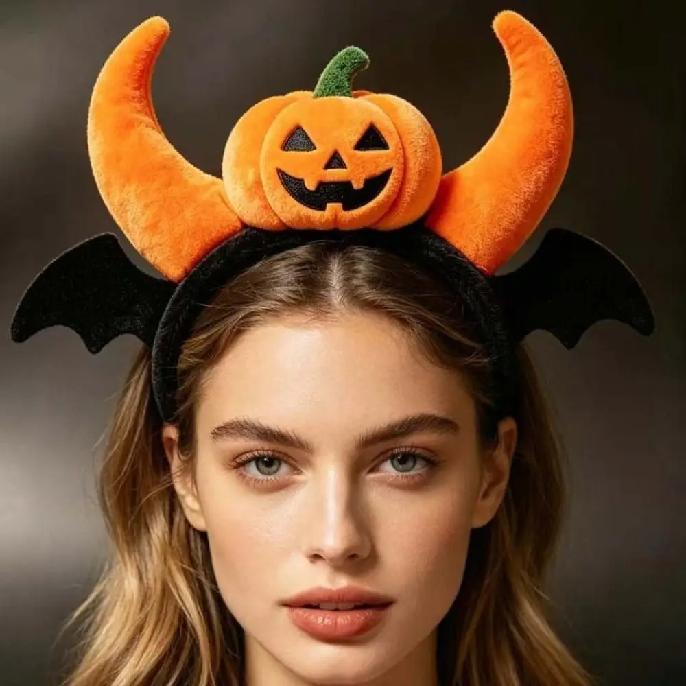 Devil Horn Hairband Pumpkin Headband Elastic Handmade Halloween Head Hoop Creative Orange Black Bat Hairband Carnival