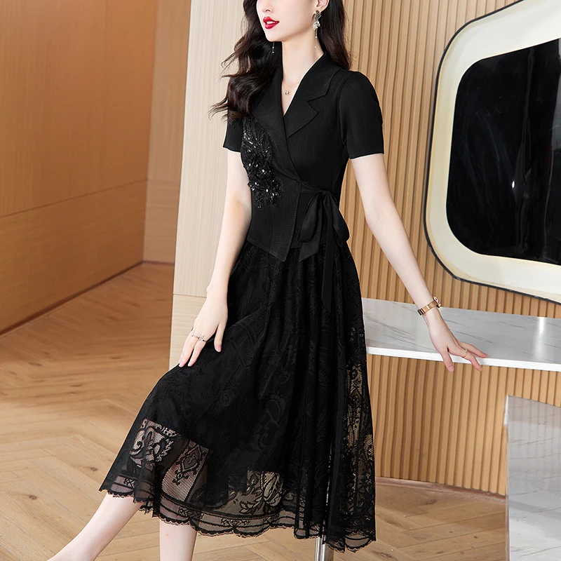 Miyake robe plissée 2025 été costume col à la mode mi-longue jupe taille cintrée minceur élégante jupe plissée