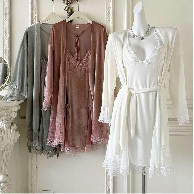 

Женская зимняя одежда для сна, 2 шт., велюровый халат, костюм, сексуальное кимоно, интимное белье, ночная рубашка с кружевной отделкой, Pijama Mujer, домашняя одежда