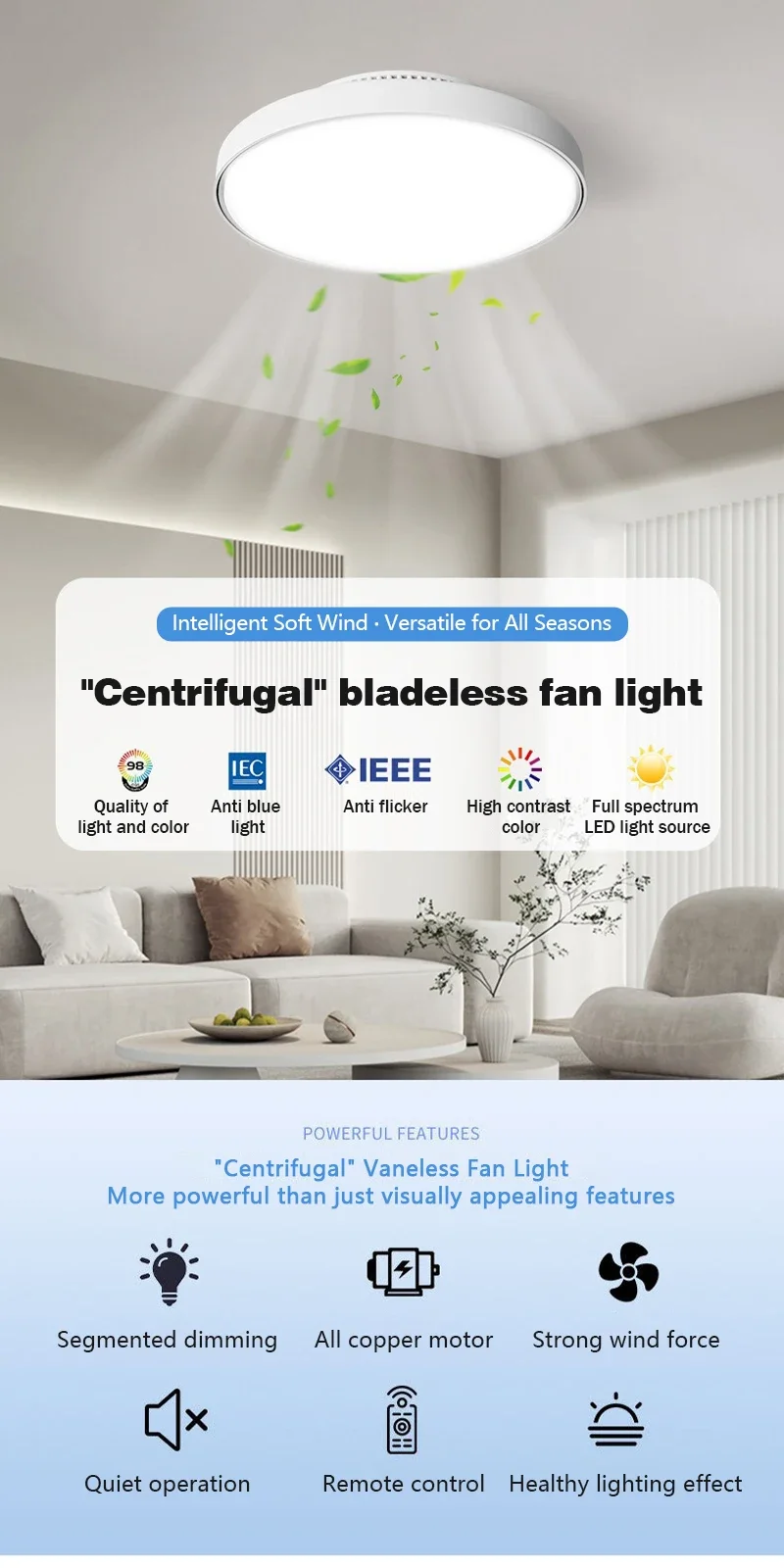 LED Ceiling Fan Lamp with Modern Bladeless Design Quiet Strong Wind Remote Control Adjustable Brightness Household Fan Light