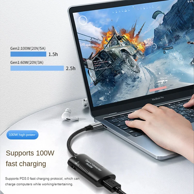 Cabo adaptador multifuncional fêmea para tipo C, suporte PD3.0 100W para adaptador de conversão DC de energia para laptop