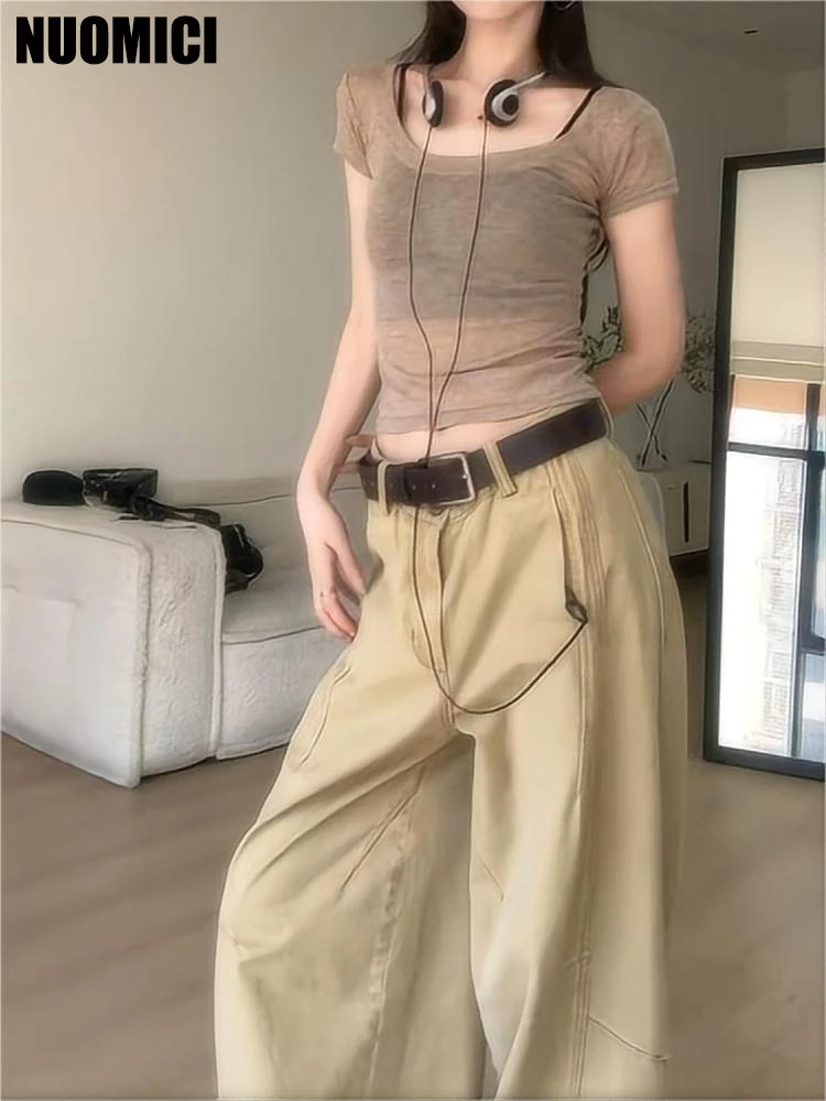 

NUOMICI Short-sleeved T-shirt For Women Summer Oatmeal Slightly Transparent Round Neck Sexy Slim Fit Women Top Summer Clothing