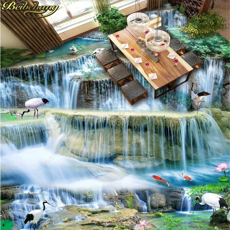 beibehang Custom Photo self-adhesive 3D floor PVC waterproof floor Waterfall living room bathroom 3D floor tile Home Decoration