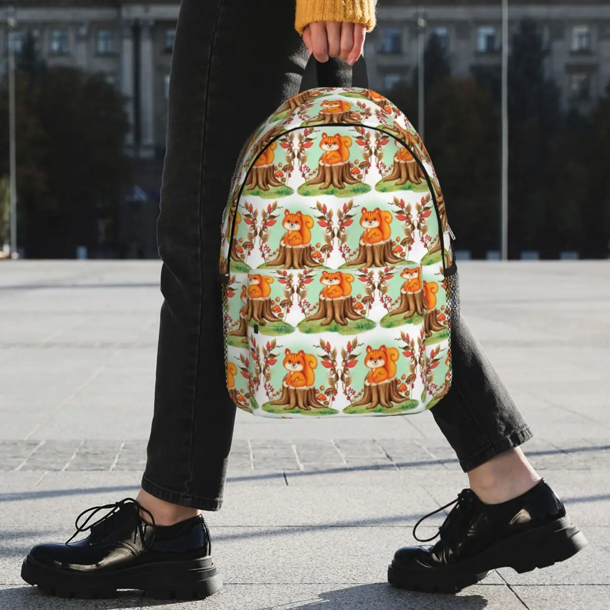 Adorable Squirrel Stands On A Tree Stump Backpack Student BookBag Children School Bag Computer Shoulder Bags for Men Women