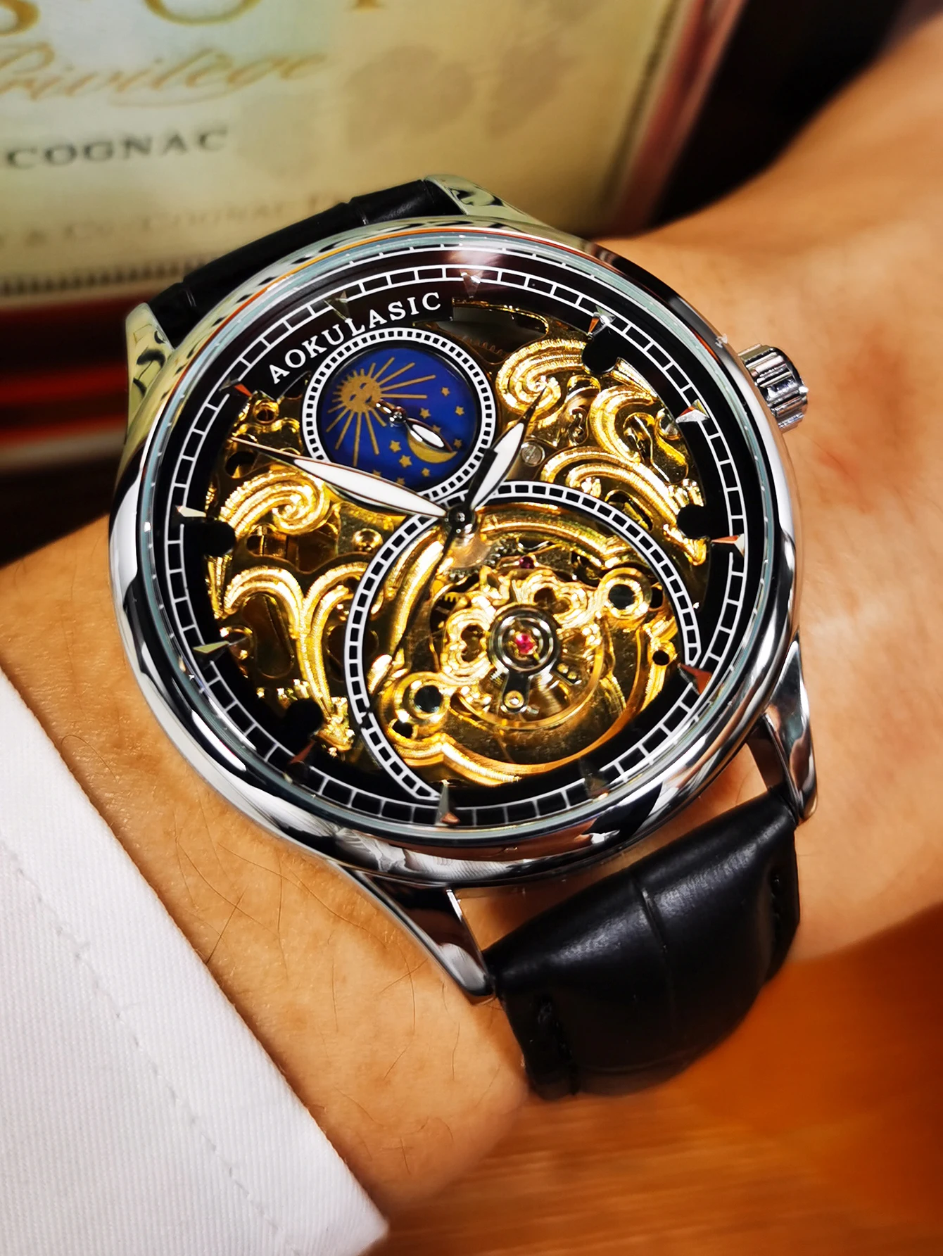 AOKULASIC Vintage Tourbillon Mechanical Watches Luxury Brand Moon Phase Gold Skeleton Automatic Watch for Men Leather Strap 2024