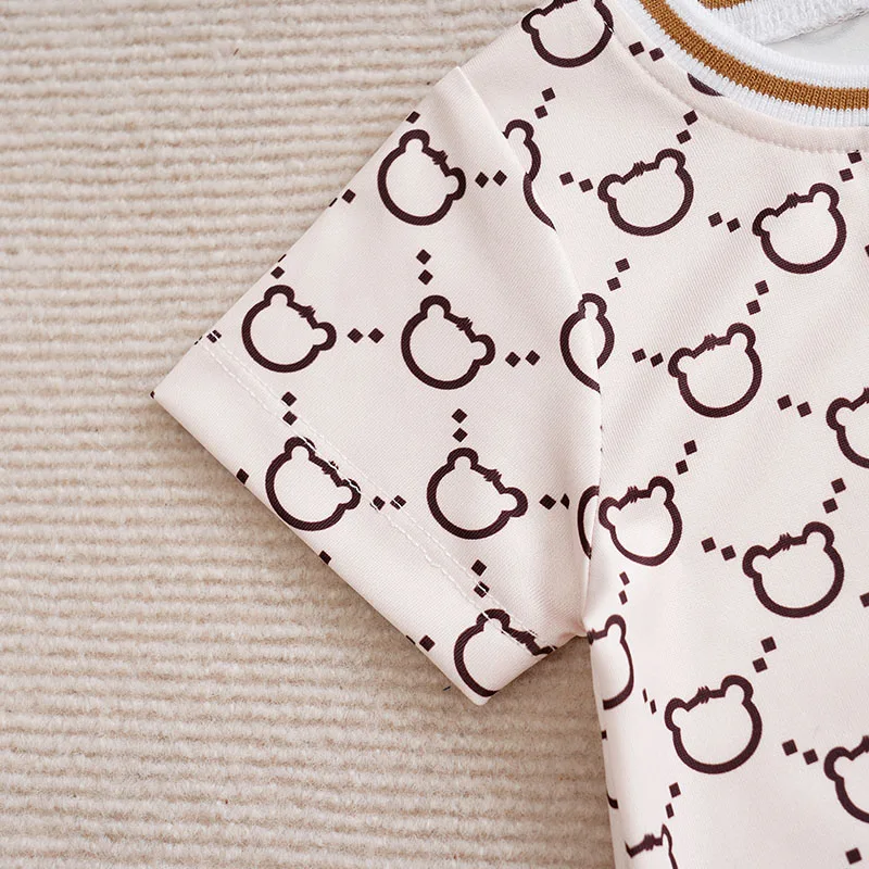 NewbornBabyBoyGirl Toddler Clothing Jumpsuit Casual Cute Cartoon Teddy Bear Summer Apricot ColorContrasting ShortSleevedJumpsuit