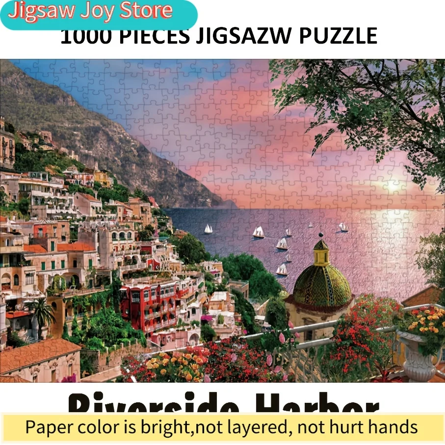 Puzzle dla dorosłych - Wybrzeże Amalfi, Włochy, malowniczy port nad rzeką, zachód słońca, sztuka, żywe kolory, 70x50cm (27,56x19,69 cala), wyzwanie