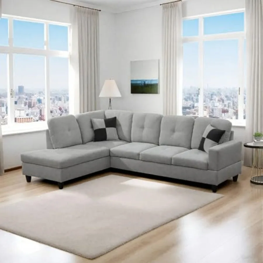 

Sectional Sofa Couch with Left Chaise, Flannel L Shaped Couches for Living Room, Office, Apartments, Small Space, Light Grey
