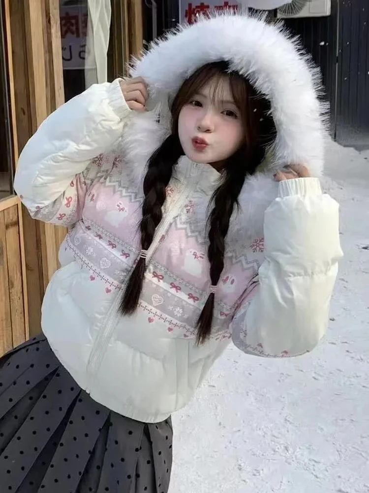 

Bow Sweet Print Kawaii Parkas Women Casual Preppy Style Winter Cute Puffy Coats Japan Loose Long Sleeve Lady Hooded Warm Jacket