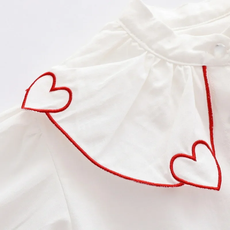 Autumn New Kid Girl Shirts Korean Style Love Collar Cotton Shirt Fashion Long Sleeve White Blouse Children Clothes E0529