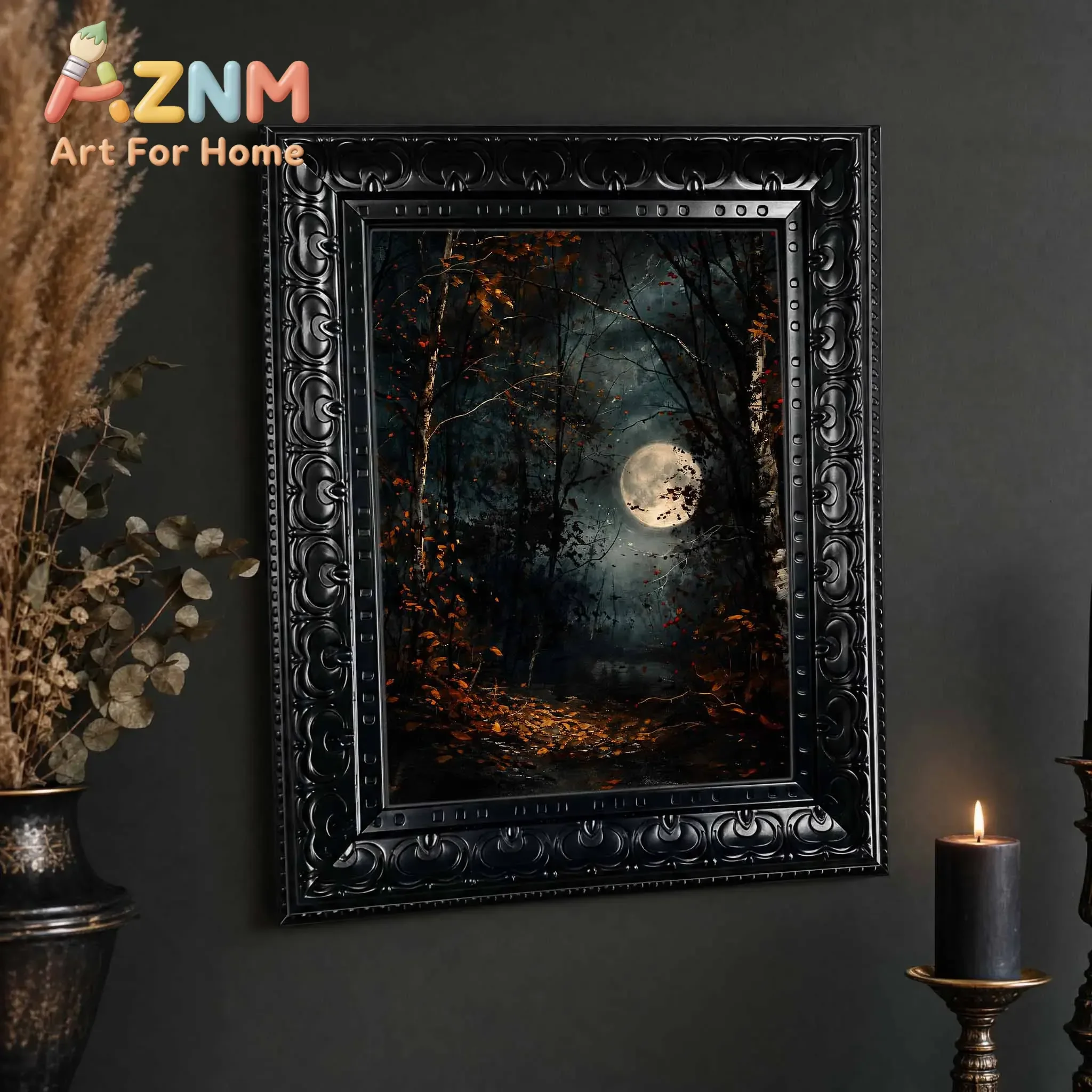 Halloween Wall Art, Framed Canvas Wall Art Gothic Moon Dark Forest Print for Dark Academia Moody Spooky Home Room Decor