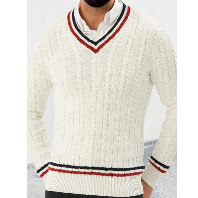 Autumn Winter Long Sleeve Striped Knitted Shirt Men Clothing Fashion Thickness V-Neck Jumper 2024 Business Twisted Slim Sweaters