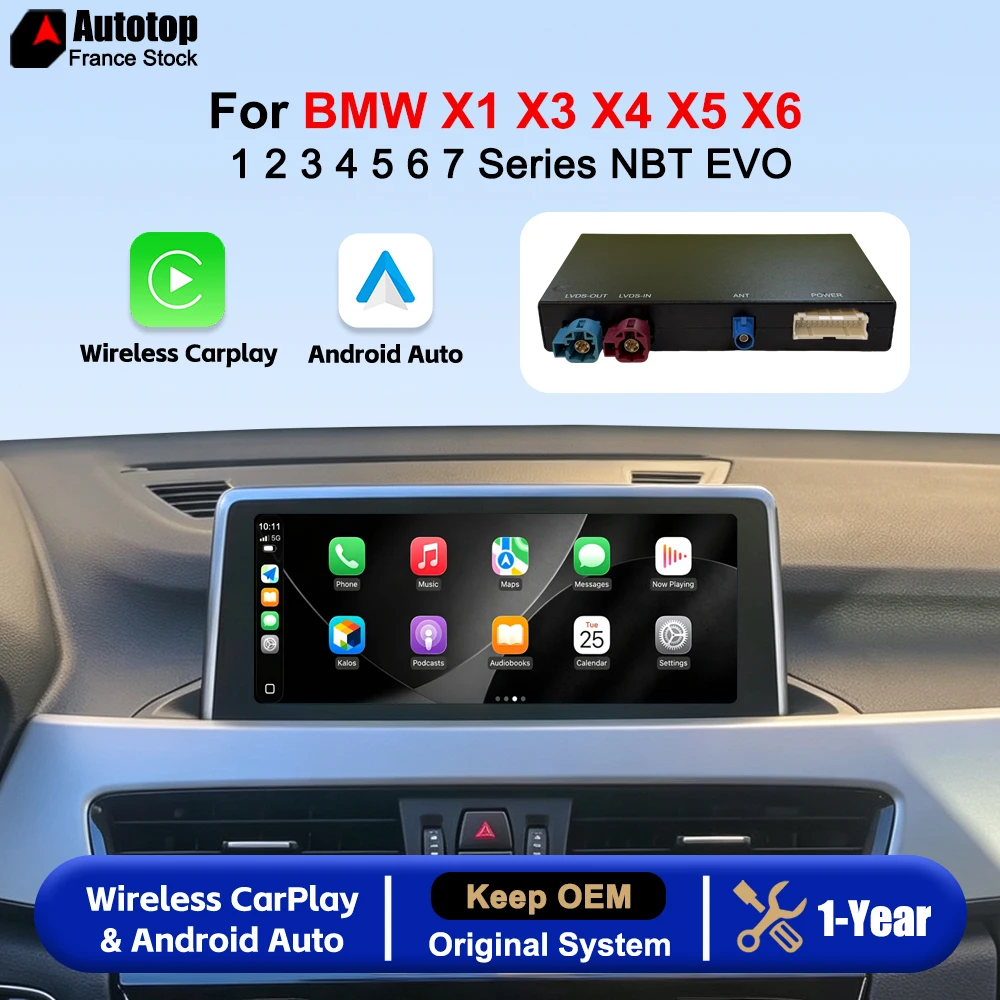 Modulo di interfaccia wireless CarPlay e Android Auto per BMW X1 X3 X4 X5 X6 Serie 1 2 3 4 5 6 7 F48 F25 F26 F15 F16 F20 F30 F10 F07, aggiornamento del sistema NBT EVO, decoder con adattatore