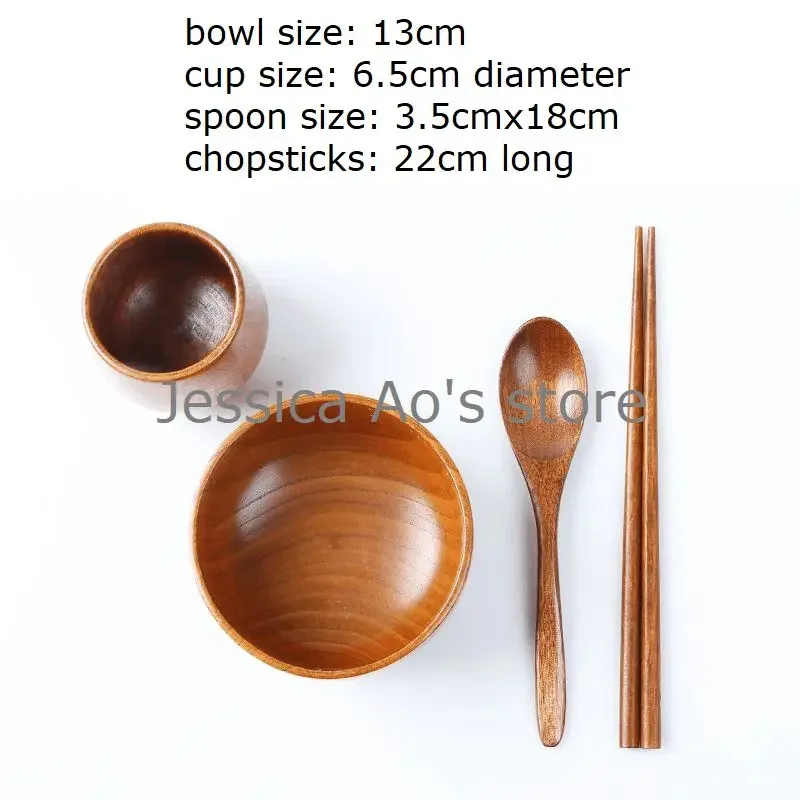 Stoviglie in legno giapponesi Ciotola in legno + tazza + cucchiaio + bacchette Set di stoviglie complete da cucina Ciotola di riso in legno Ciotola da zuppa grande