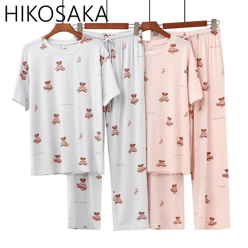 Kawaii Bear Full Printed Pajama Sets Women Japanese New Summer Comfortable Homewear Suit Loose Casual Short Sleeve Trouser Pjs