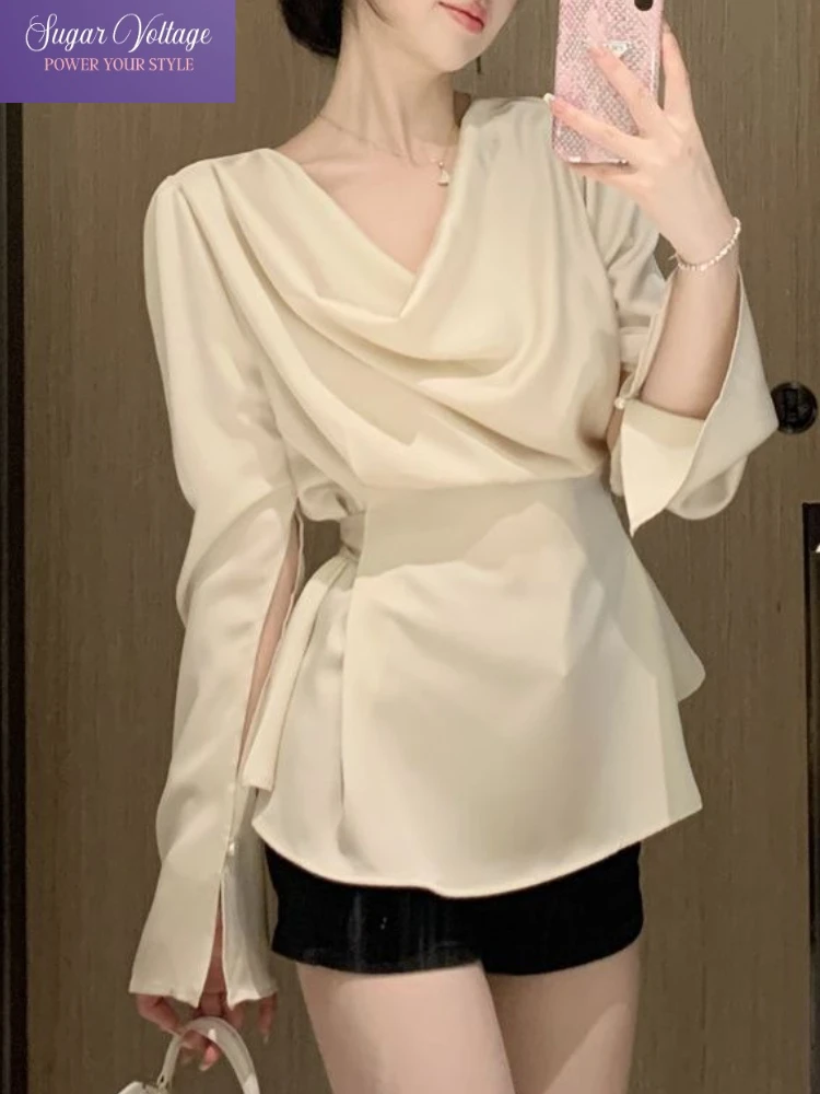 

French Satin Elegant Blouse Women Autumn 2025 Long Sleeve Drape Neck Tie Waist Loose Shirt High End Retro Style Top Chic Fashion