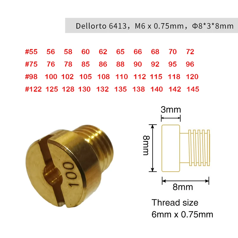 Vergaser-Hauptdüse für Dellorto PHBH PHBL FRD PHF VHB VHSH Einspritzdüse, Größe 55–145, Kit, 10-teiliges Set M6, 6 mm Gewinde – Detail 1