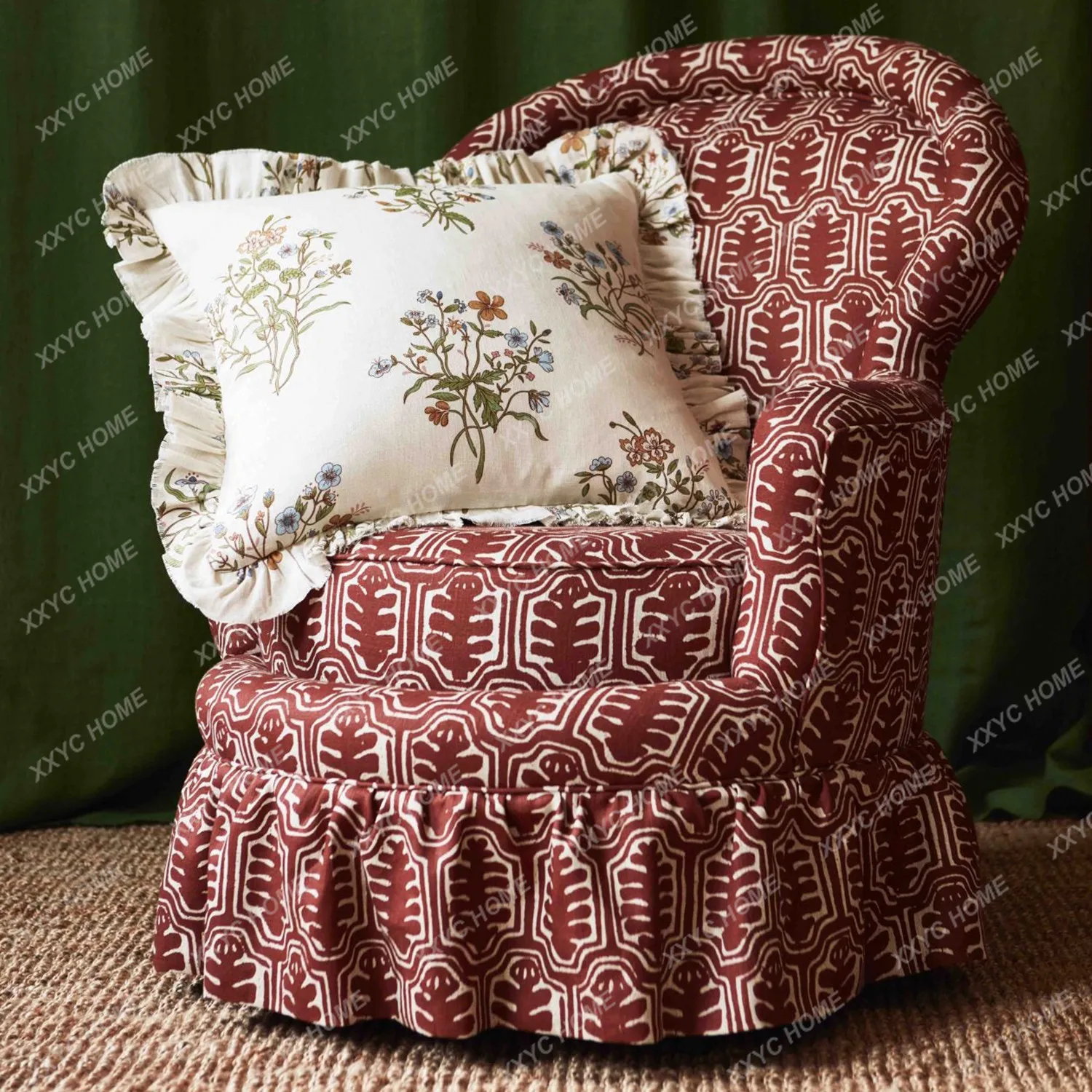 Retro solid wood sofa chair Small apartment living room printed leisure chair Country villa bedroom single chair