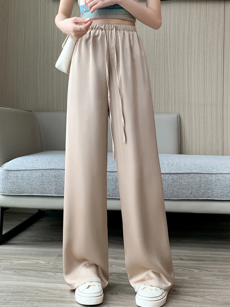 Women's Wide Leg Pants Summer Ice Silk Straight Trousers High Waist Ladies Casual Loose Satin Soft Full-length Pants for Women