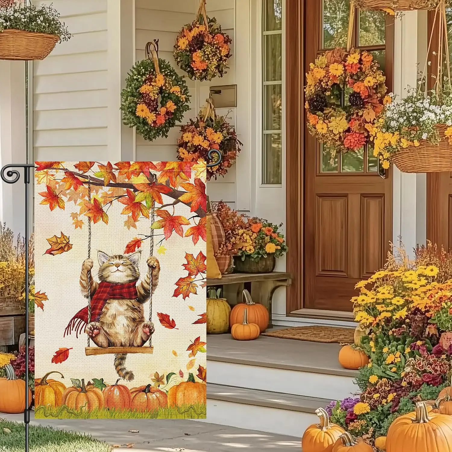 Louise Maelys Happy Fall Pumpkin Garden Flag with Cat Double Sided 12x18 Inch Small Burlap Autumn Harvest Yard Flags Thanksg jjp