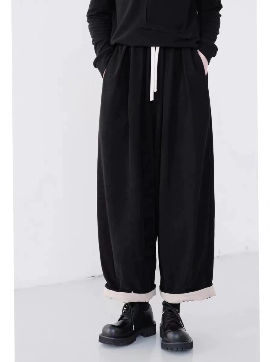 Casual Loose Thick Velvet Wide Leg Pants Autumn Winter Contrast Color Slimming Corduroy Long Trousers for Women Tagless
