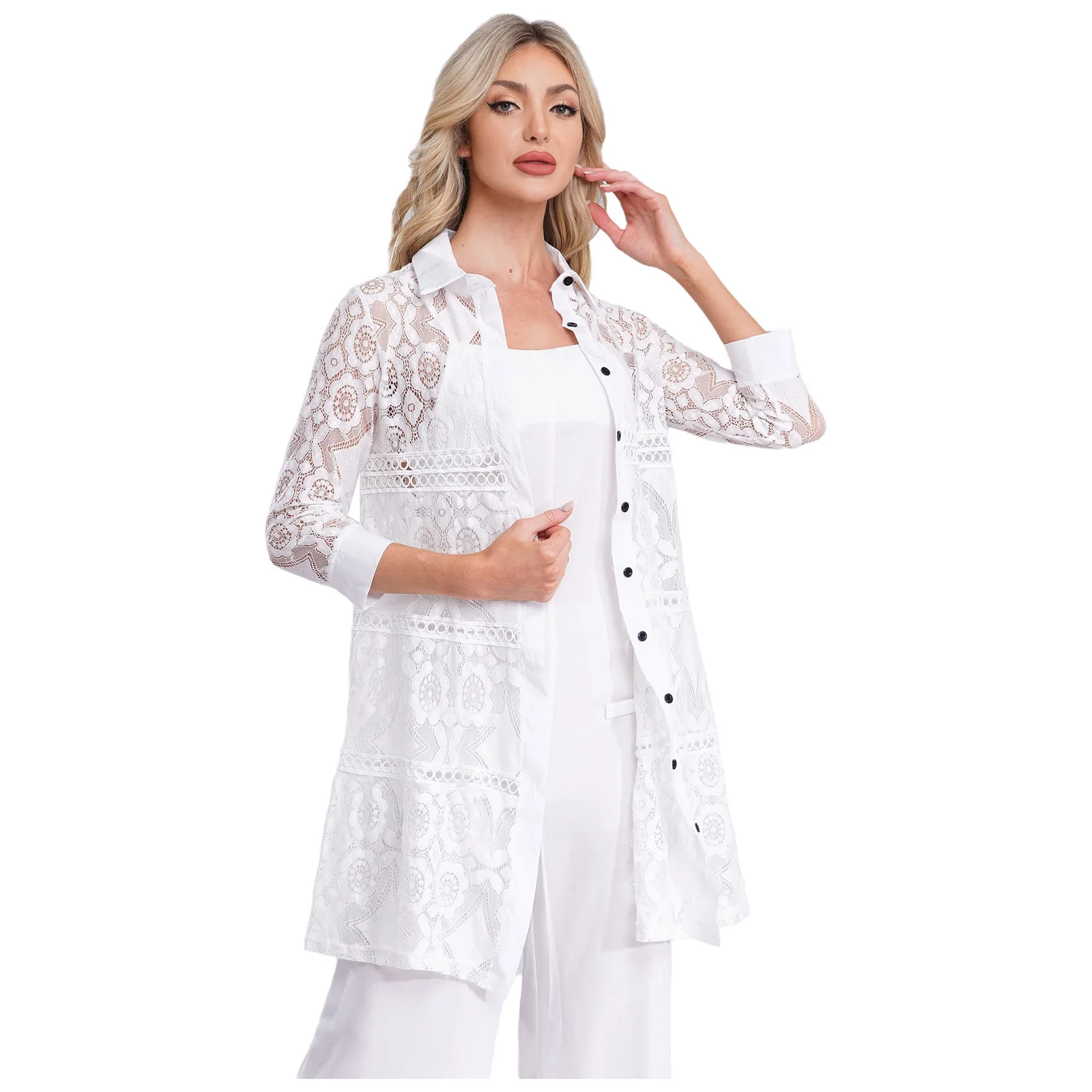 เสื้อเชิ้ตผู้หญิงผ้าลูกไม้ซีทรู แขนยาว ปกเสื้อเชิ้ต แต่งลูกไม้กิปัวร์ ติดกระดุม สไตล์โบฮีเมียน เสื้อคลุมตัวยาว เสื้อเบลาส์ เสื้อผ้าสุภาพสตรี