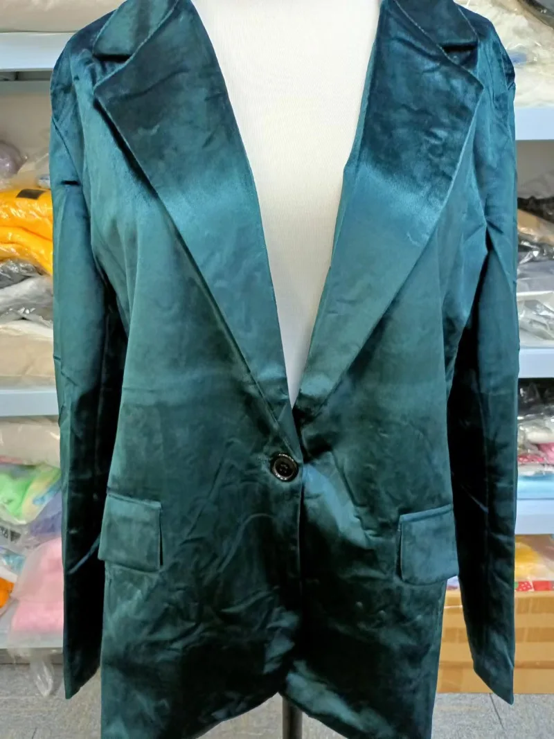 Blazers de terciopelo verde oscuro para mujer, chaqueta informal lisa de manga larga con un solo botón, chaqueta de oficina OL para otoño, abrigo