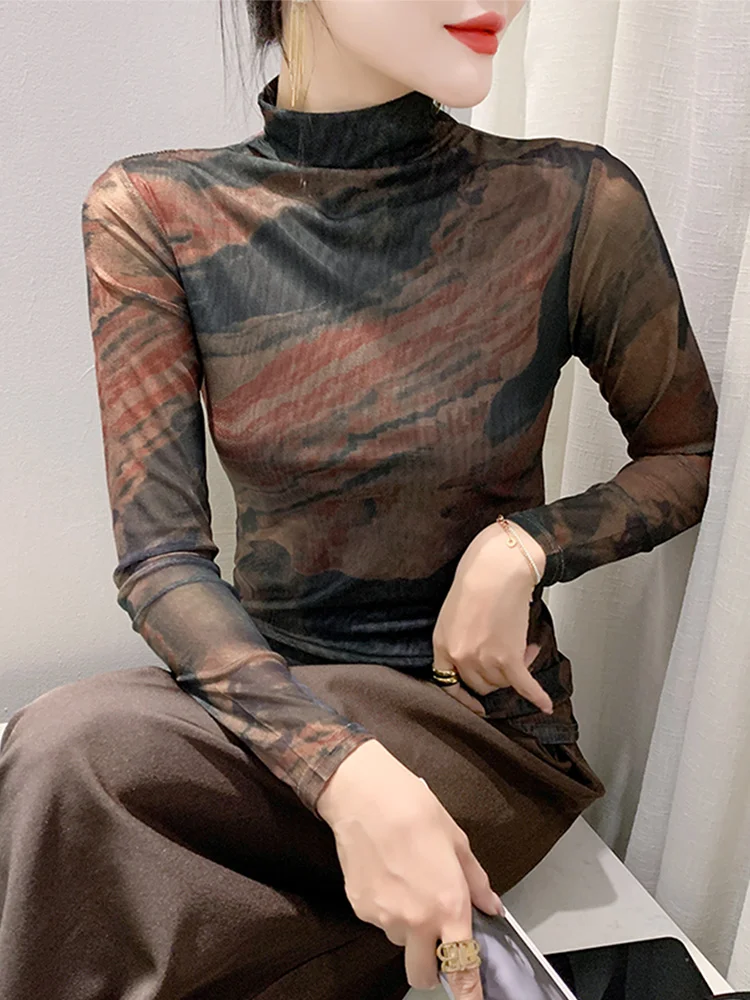 

Женская длинная футболка с высоким воротником, облегающая, винтажная, с цветными блоками, модная базовая модель для повседневной носки, осень 2024