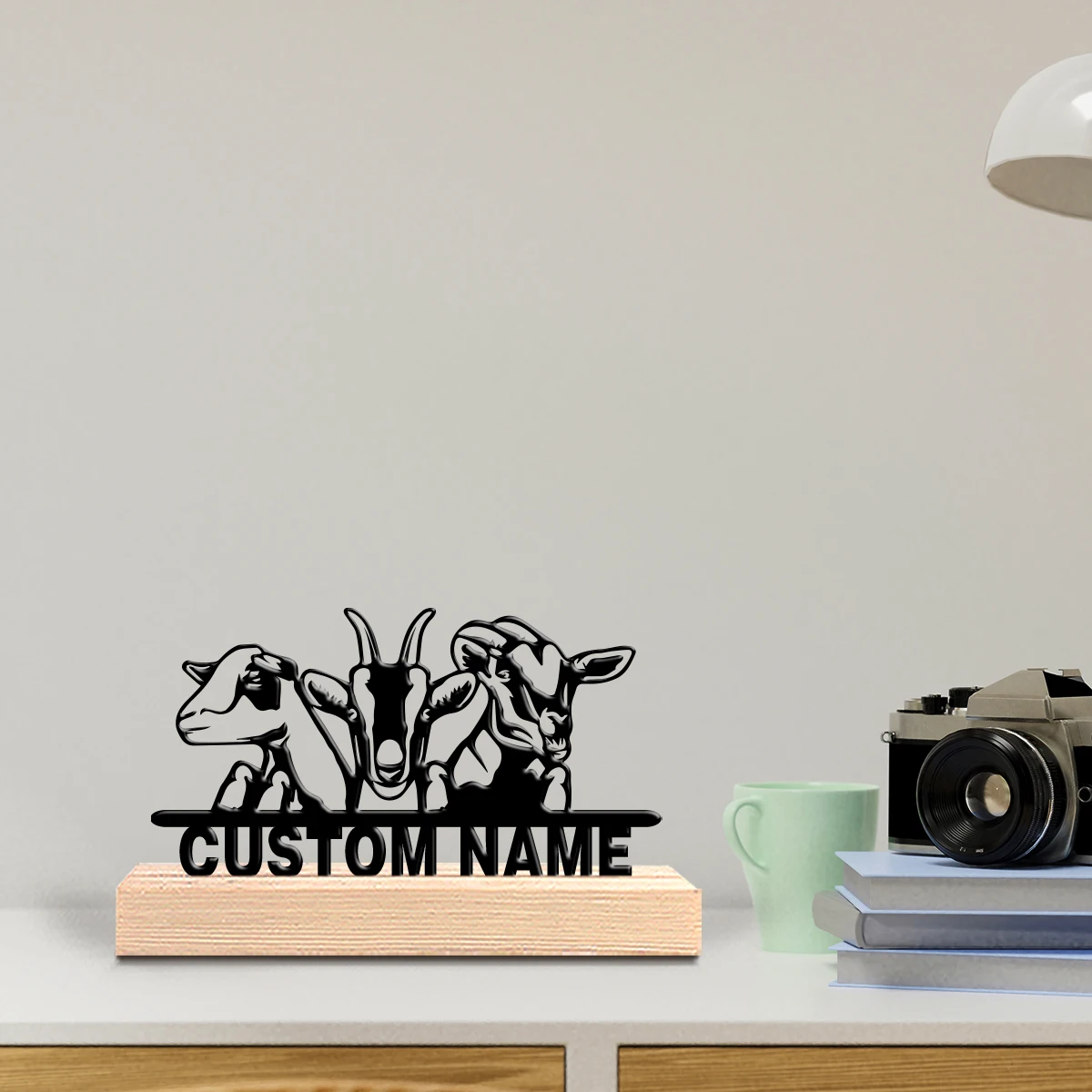1pc New Design Personalized Custom Three sheep Metal Art With Wooden Base Tabletop Decoration Wooden Base Lighting for Office,