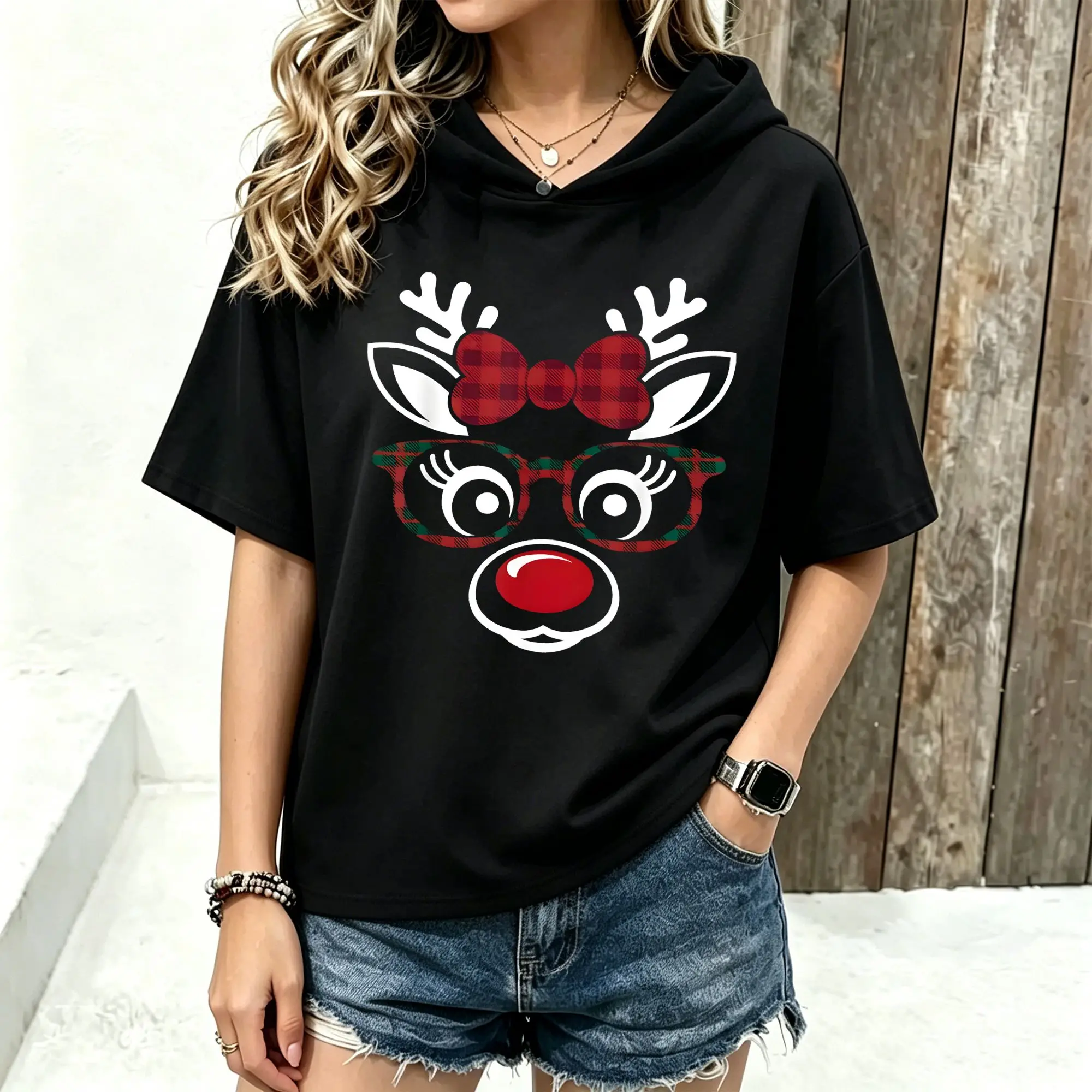 Women Short Sleeve Hoodie Christmas Reindeer Plaid Bow Print Spring Summer Casual Loose Hooded T‑Shirt
