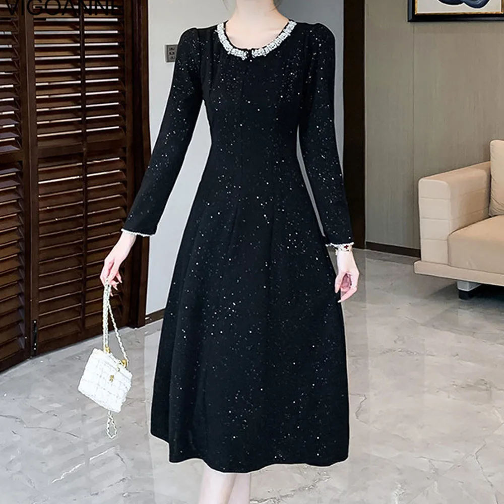 VigoAnne 2025 Woman Black O Neck Knit Dress Spring Autumn Slim Long Sleeve Korean Dresses Lady Evening Party Tight Long Dress