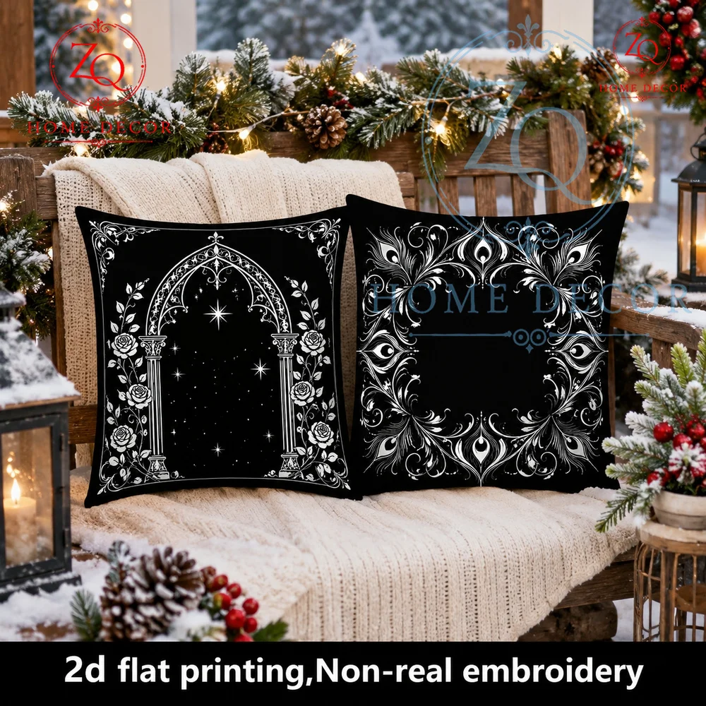 Gothic Vintage Black Throw Pillow Covers Starry Arch  Peacock Scroll Printed Cushion Cases  Halloween Living Room Bedroom Decor