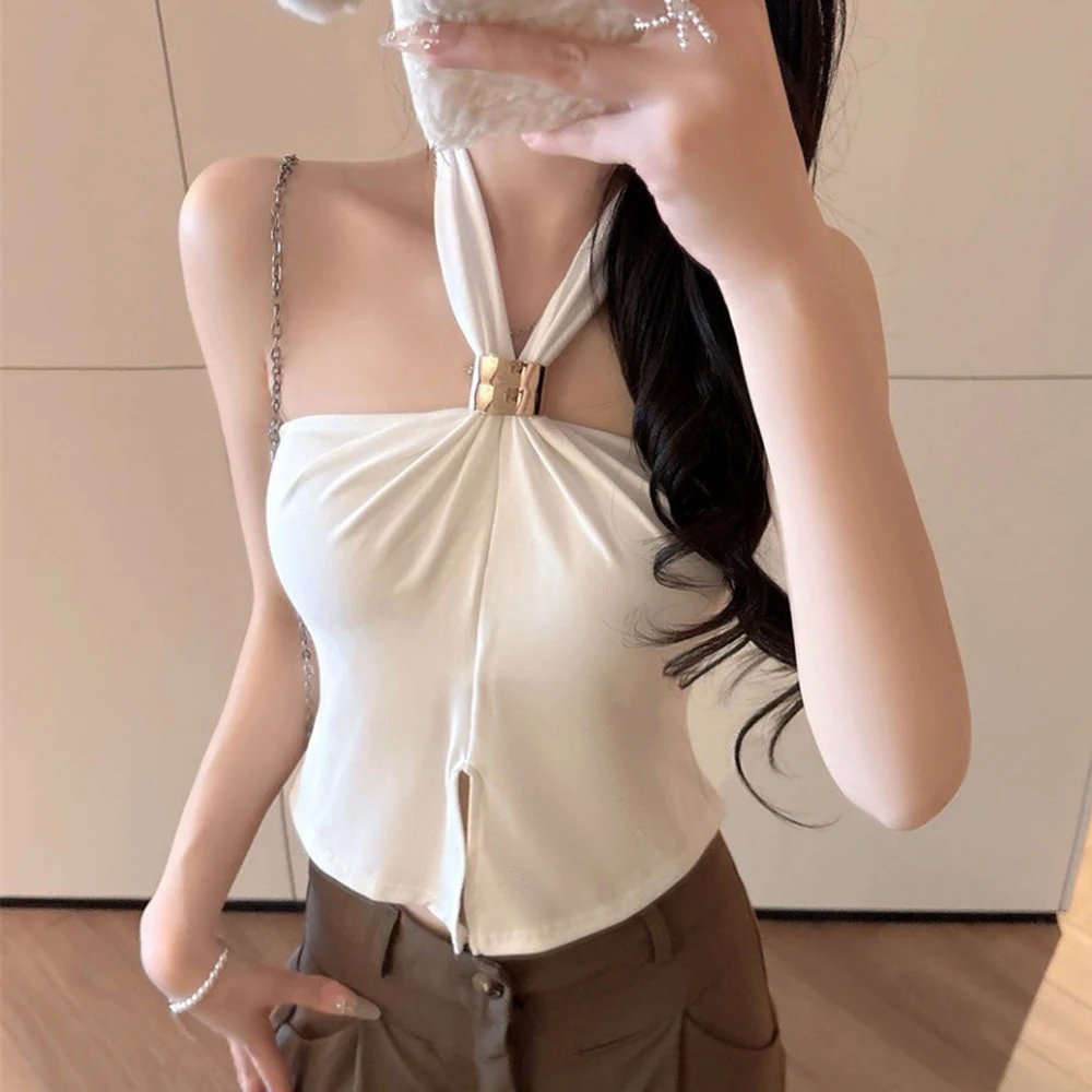 Modern Women's Halter Neck Top with Pleated Accents and Built-in Bra Support Lightweight Polyester Fabric for Everyday Comfort