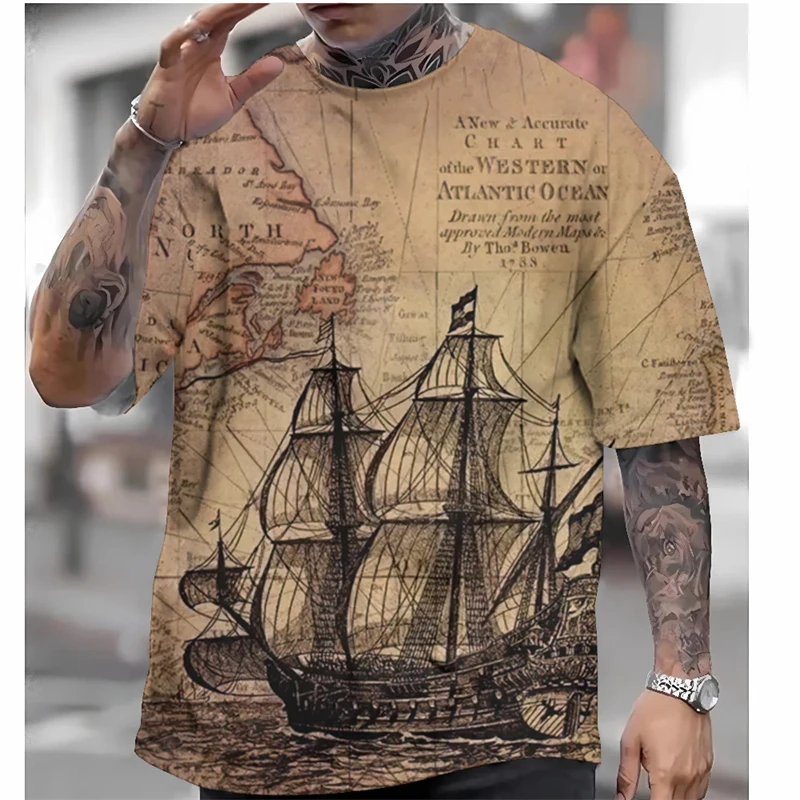 Retro Short Sleeve T-shirt For Men Street Fashion Male Clothing 3d Nautical Printed Men's Tee Shirts Summer Oversized Tees Tops