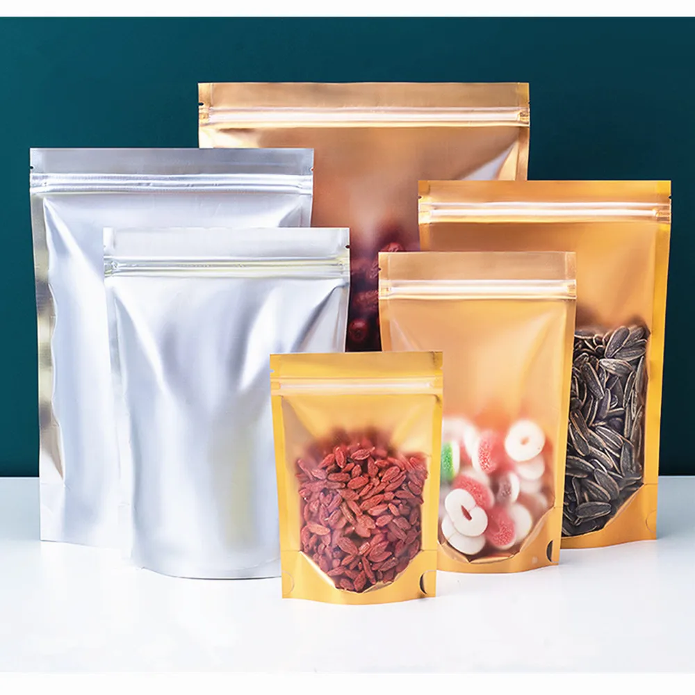 100pcs One-Side Frosted Transparent Matte Aluminum Standing-Up Pouches with Gold Inner Layer – Resealable Zip Lock Packaging Bag