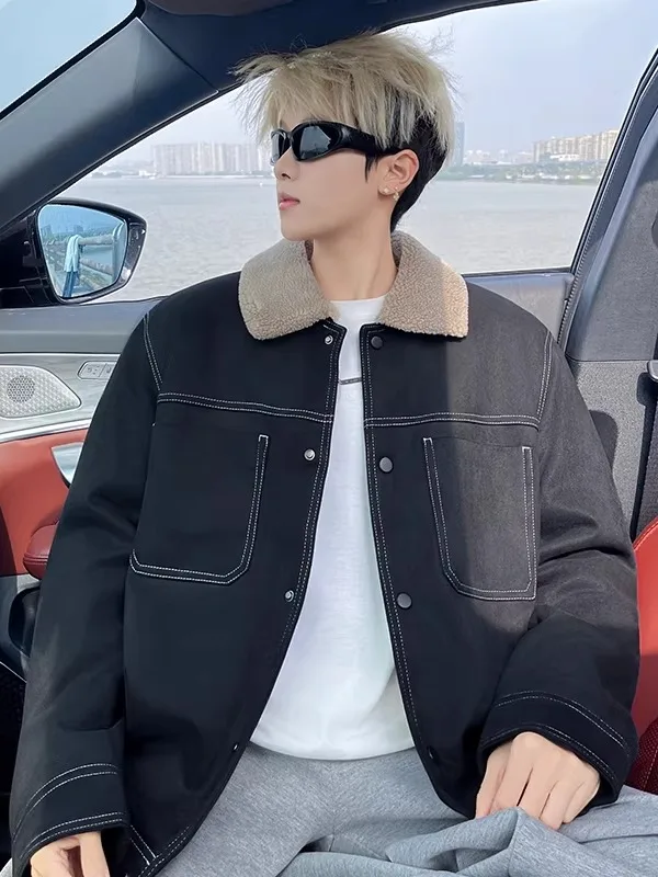 

Lamb Fur Collar Denim Jaet Men's Winter Thiened Warmth Casual Sle Long Sve Workwear Coat American Retro Sle