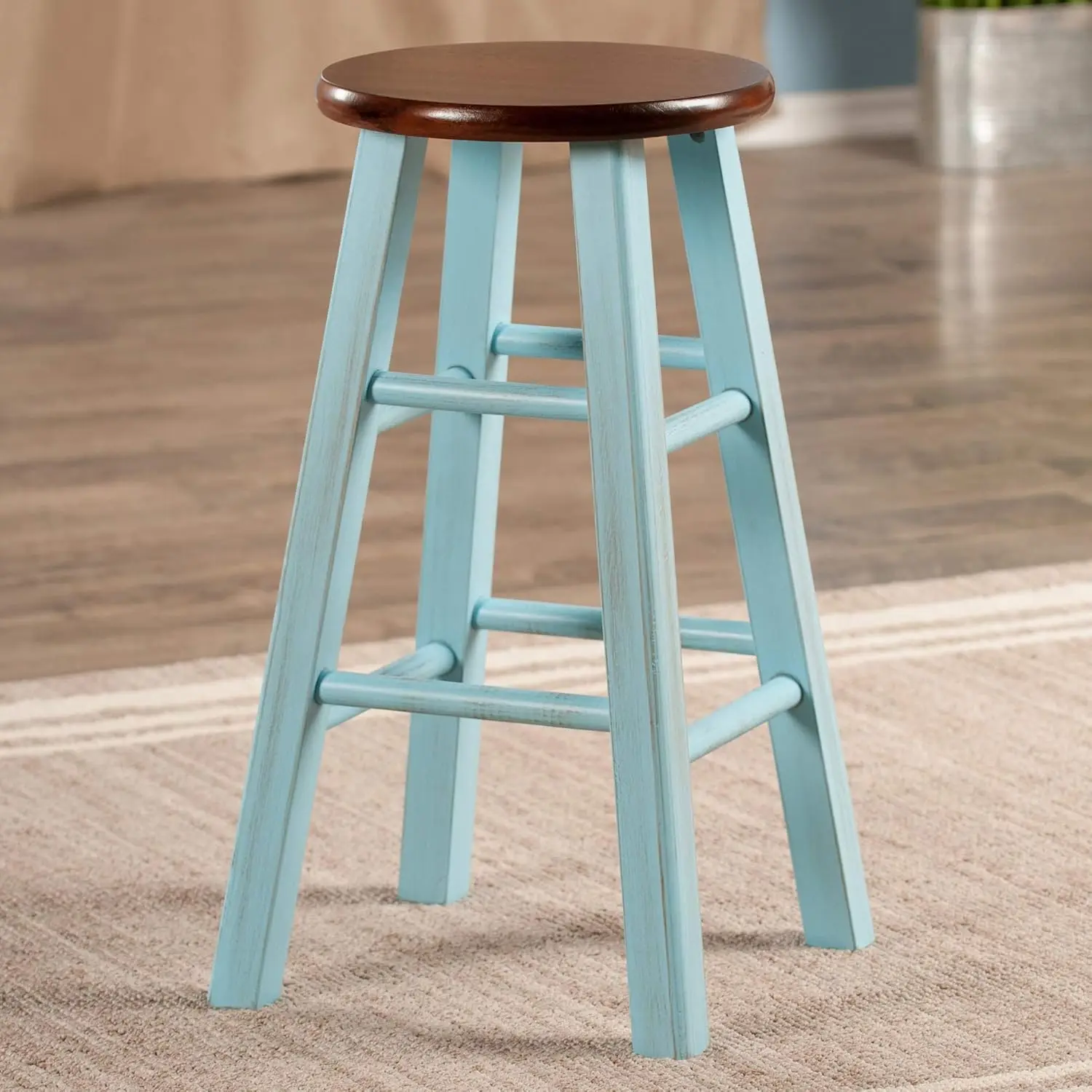 Rustic Light Blue Walnut Counter Stool, 24 Inch Solid Wood with Antique Finish