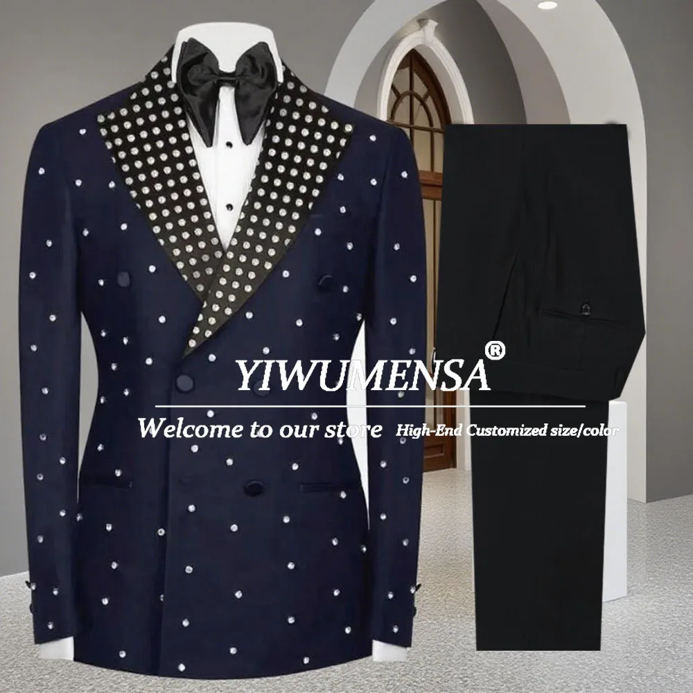 

Luxury Navy Wedding Tuxedos Double Breasted Men Suit Peaked Lapel 2 Piece Set Jacket Pants Evening Groom Blazers Customized 2025