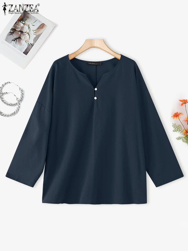 2023 ZANZEA Frauen Herbst Baumwolle Bluse Casual Langarm Tops Vintage Shirt V-ausschnitt Taste Blusas Weibliche Arbeit OL Shirts Oversize