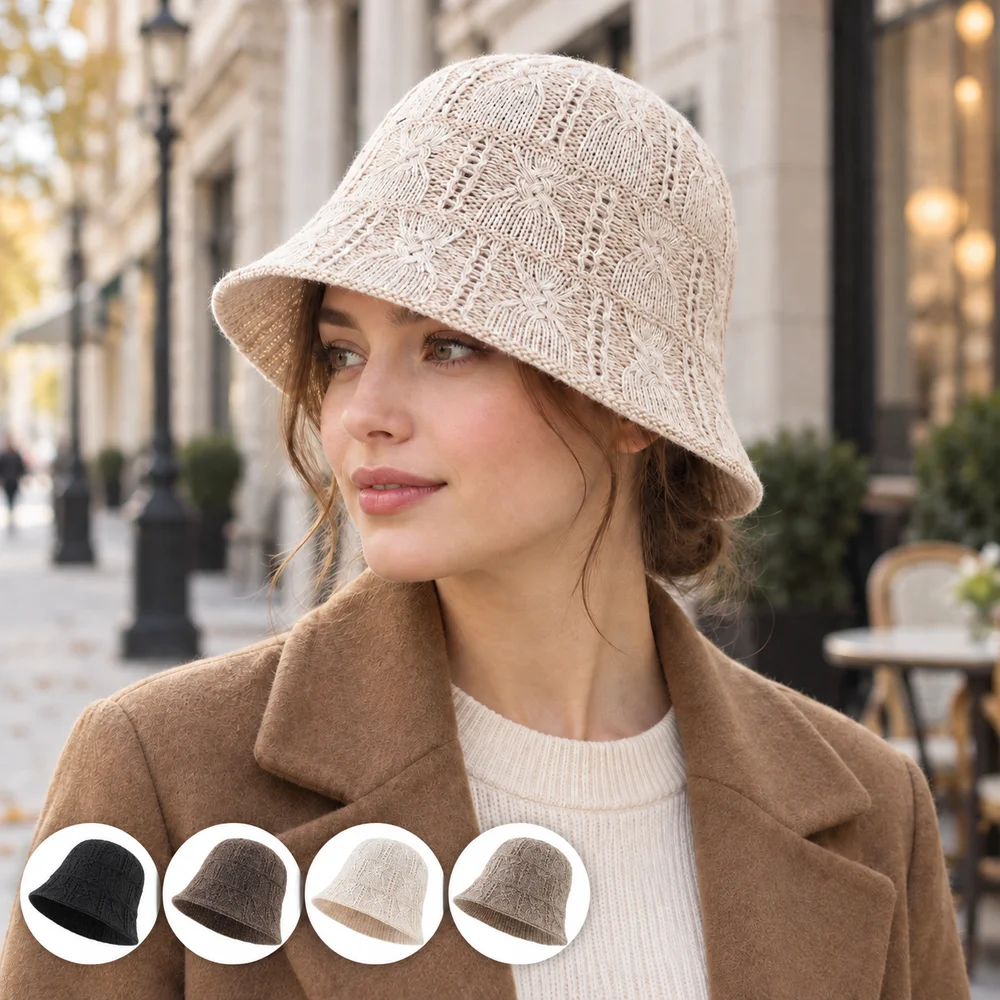Women Leaf Pattern Knitted Bucket Hat Openwork Short Brim Cloche Cap Soft Casual Autumn Winter Fashion Headwear