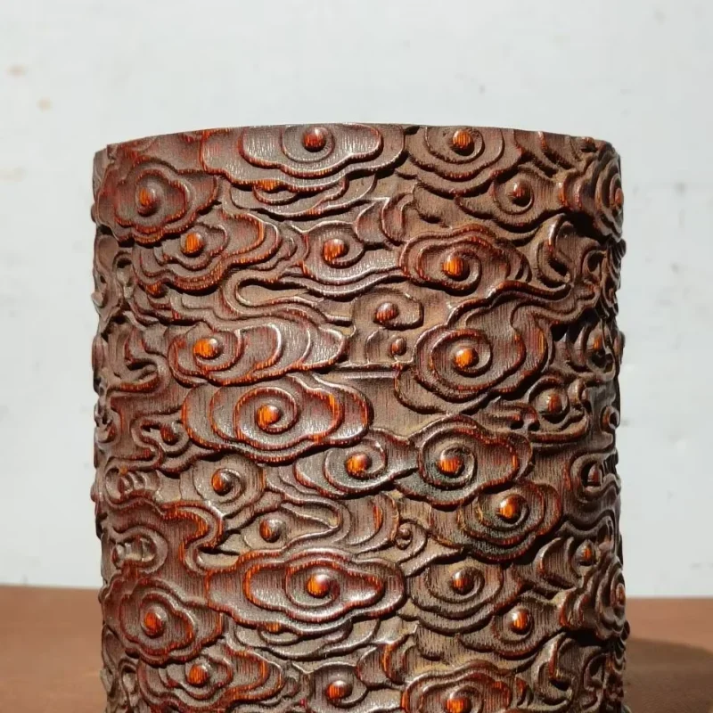Chinese Handmade Carving Bamboo Carving Pen Holder Brush Pot Auspicious Cloud Pattern Study Decoration Collection