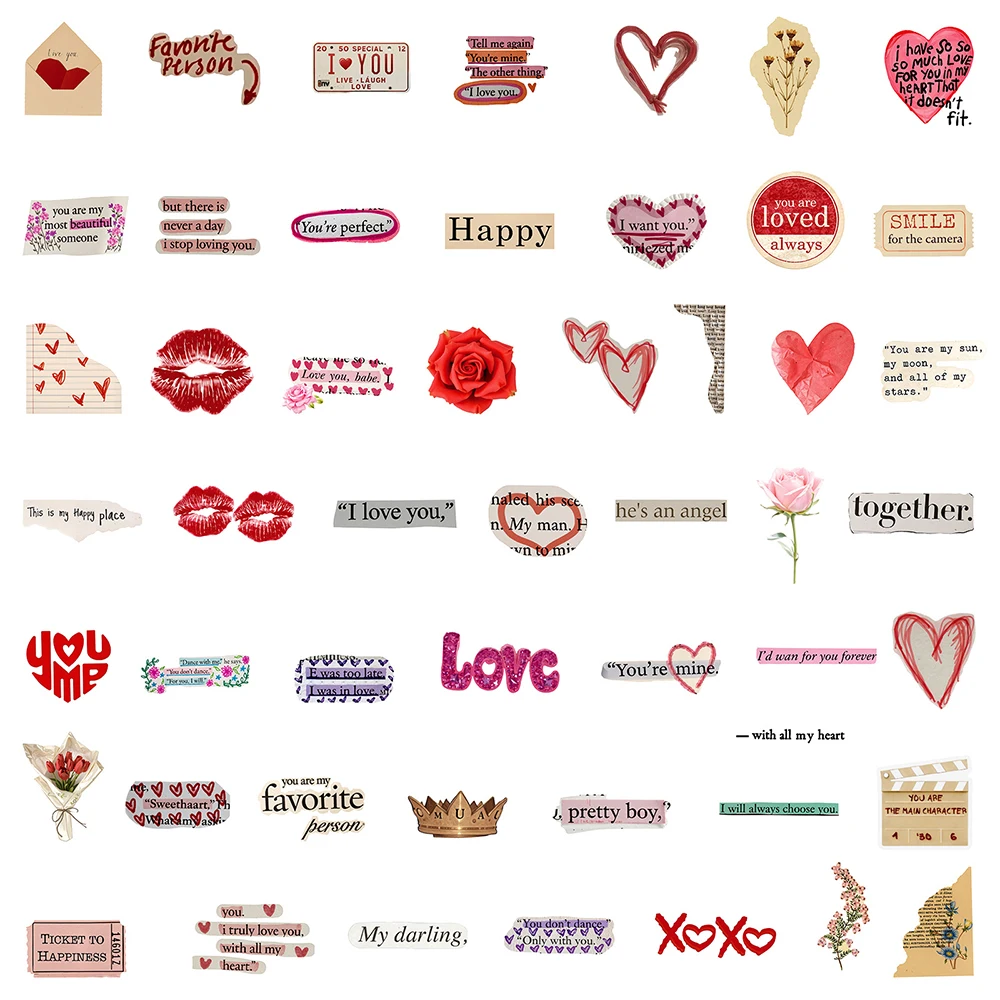 

10/30/50pcs Love Valentine's Day Cartoon Stickers Romantic Confession Phrase Decals Suitcase Diary Phone Transparent PET Sticker
