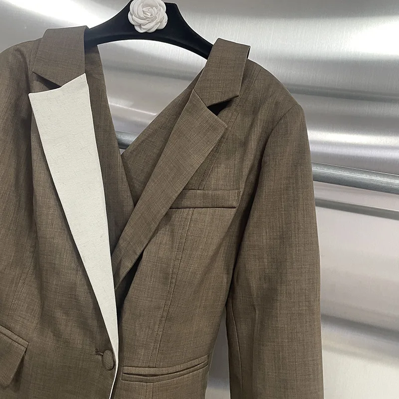 Eeonovni vintage sem costas design blazer casaco para mulher contraste cor colarinho botão emendado jaqueta fina elegante 2025 outono novo