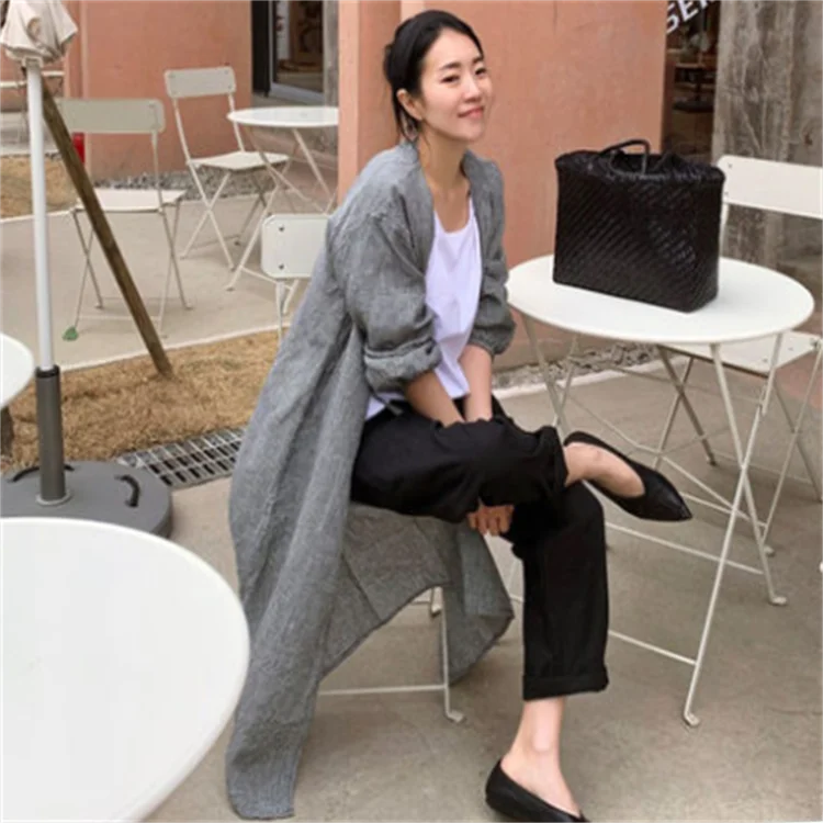 Léger Long Sve irt Femme Lâche Longueur Midi sur le genou Ceinture Cardigan Ouvert Vêtements d'extérieur fins Coton Plaid Trajet St...