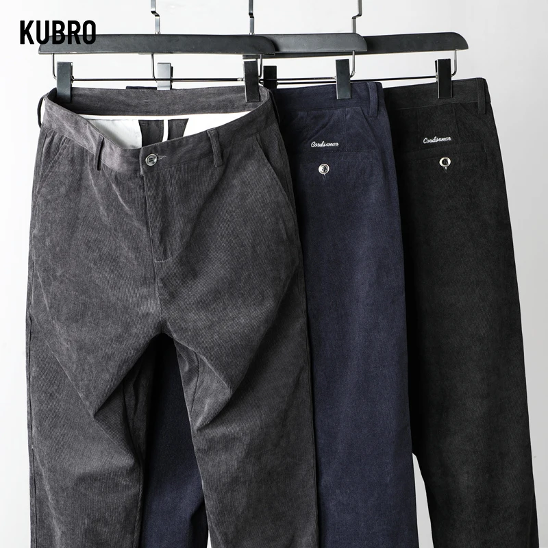 KUBRO-ropa de tela de pana para Hombre, pantalones Cargo elegantes y versátiles, holgados, rectos, cálidos, de alta calidad, para oficina, Otoño e Invierno