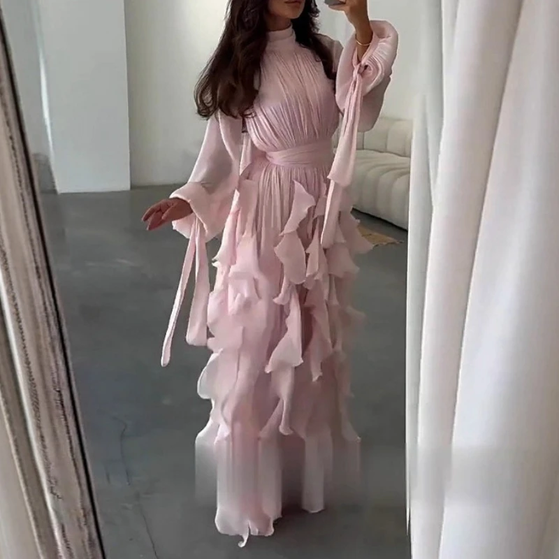 ハイウエストプリーツパーティードレス レディース カジュアル ハイネック レイヤード 宴会ドレス エレガント 長袖 無地 イブニングドレス