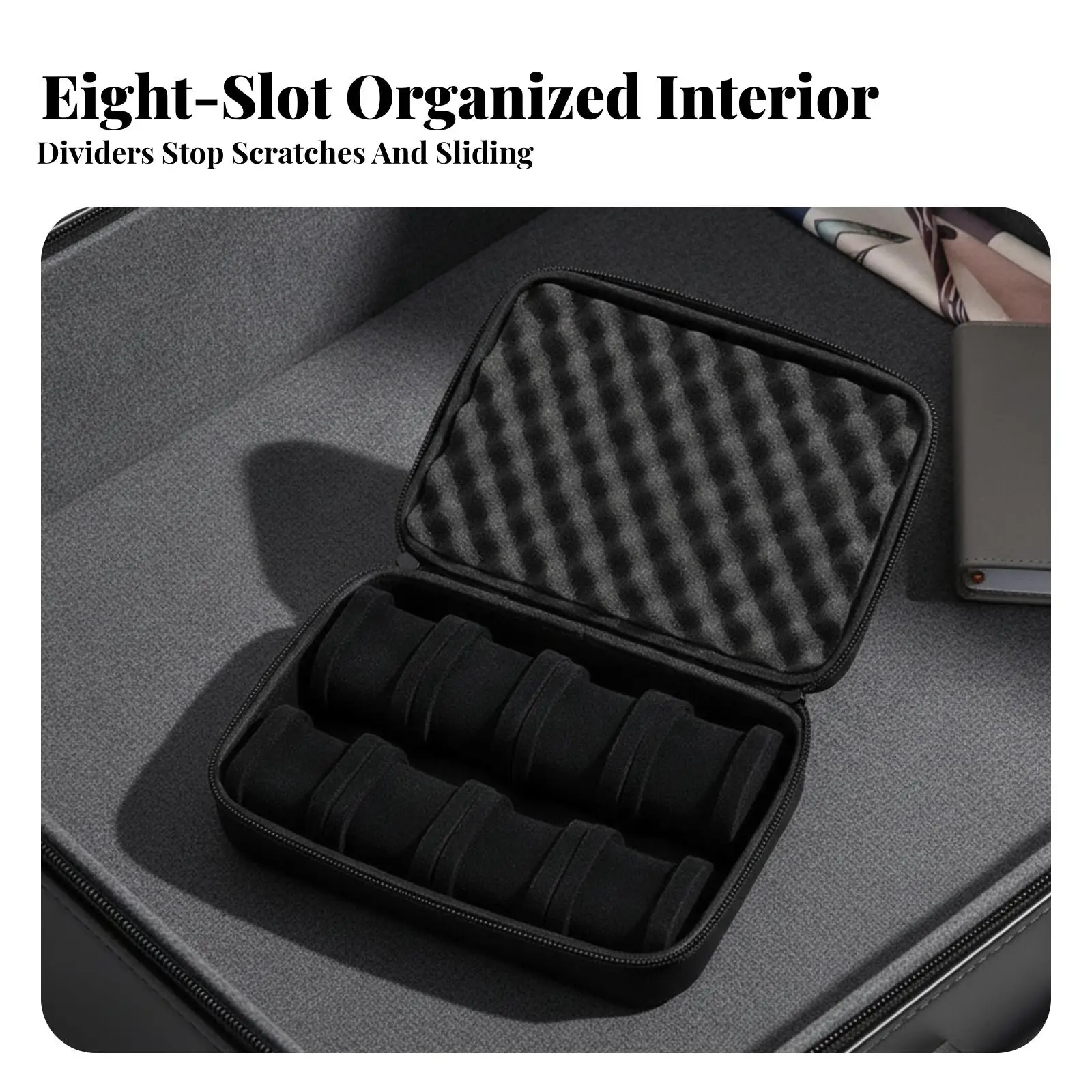 EVA PU Watch Storage Case 8 Grid Padded Interior Travel Case for Timepieces with Cushioned Pillows