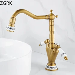 Antique Brass Basin Faucet Cold and Hot Retro Style Bathroom Mixer Faucet Single Hole Dual Handle Heighten Sink Mixer Tap