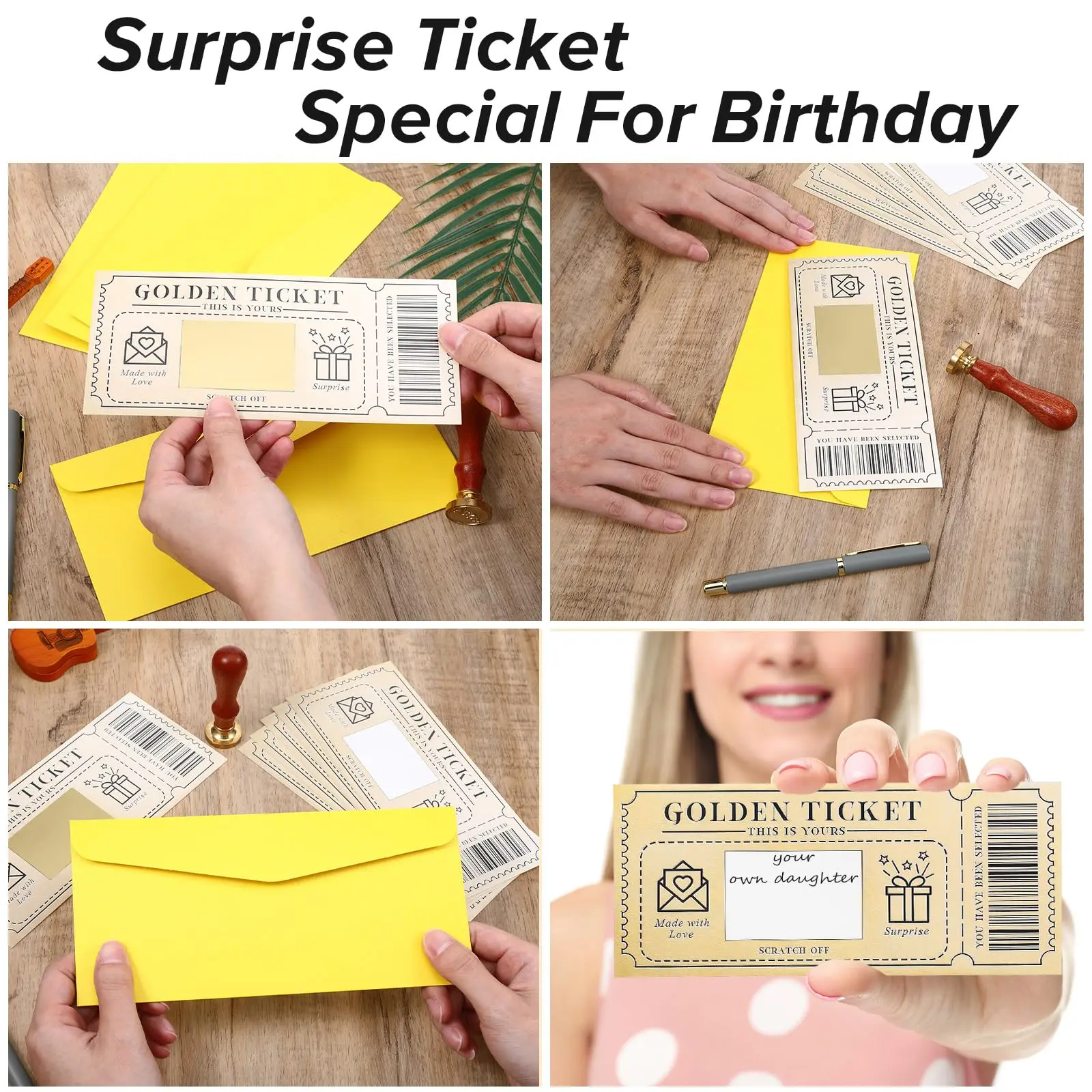 3pcs/set Golden Ticket Scratch Card Scratch-off Travel Ticket Set with Envelopes Surprise Reveal Ticket Gift for Valentine's Day