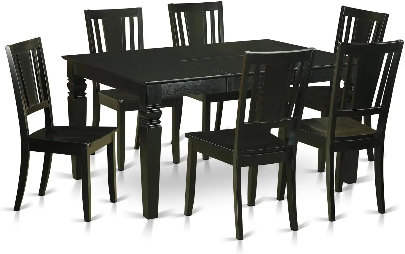 7 Piece Kitchen Set Consist of a Rectangle Table with Butterfly Leaf and 6 Dining Chairs, 42x60 Inch, Black